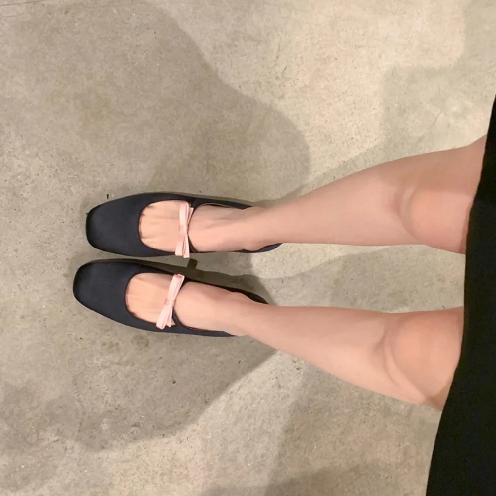 Black Mary Jane Flats with Pink Bow
